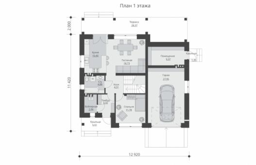 Проект одноэтажного жилого дома с мансардой, подвалом, гаражом и террасой