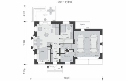 Проект одноэтажного дома с мансардой, гаражом, террасой и балконом